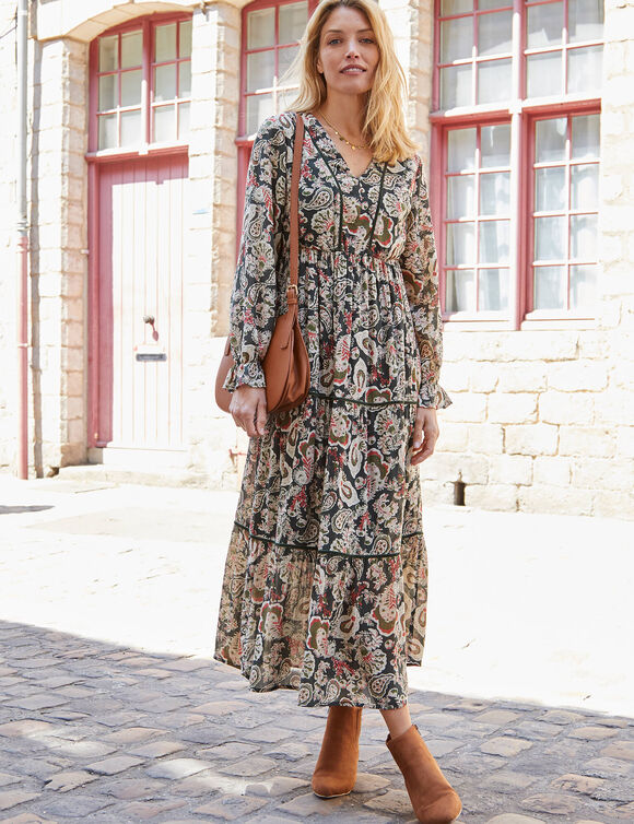 Robe longue volantée imprimée, crépon (kaki / rose) Robe longue volantée imprimée, crépon (kaki / rose)